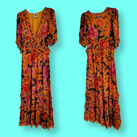 Farm Rio Orange Yellow Floral Dream Maxi Dress Medium $275 Retail Ruffle V Neck - Picture 4 of 11